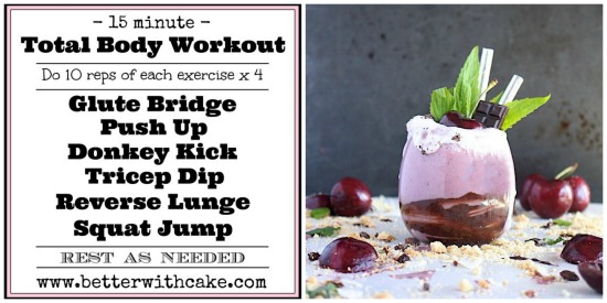 {Dairy Free} Cherry Cheesecake Shake & A 15 Minute {No Equipment} Total Body Workout