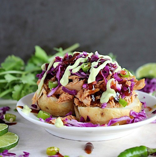 BBQ Chicken Green Chili Loaded Baked Potatoes {Gluten Free & Paleo Friendly} - www.betterwithcake.com