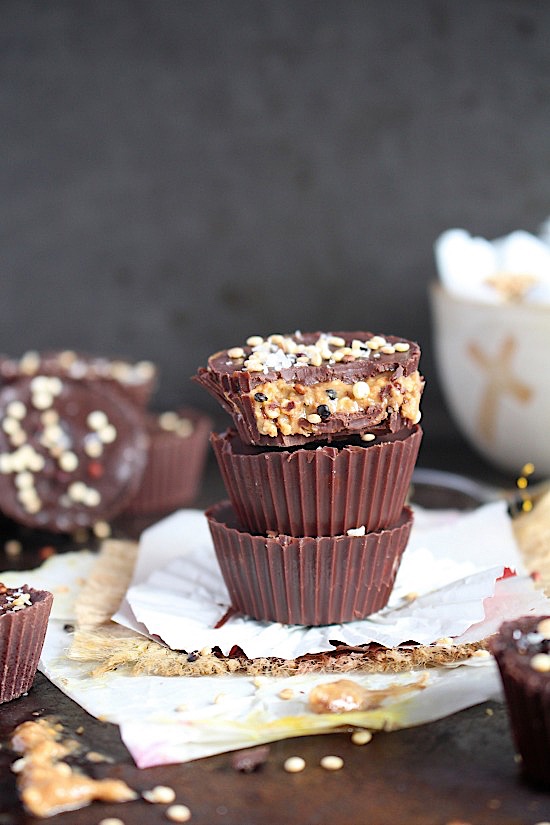 Salted Dark Chocolate Almond Butter Cups with Crispy Quinoa {Sugar Free, Gluten Free, Dairy Free, Vegan, Keto & Paleo Friendly} - www.betterwithcake.com