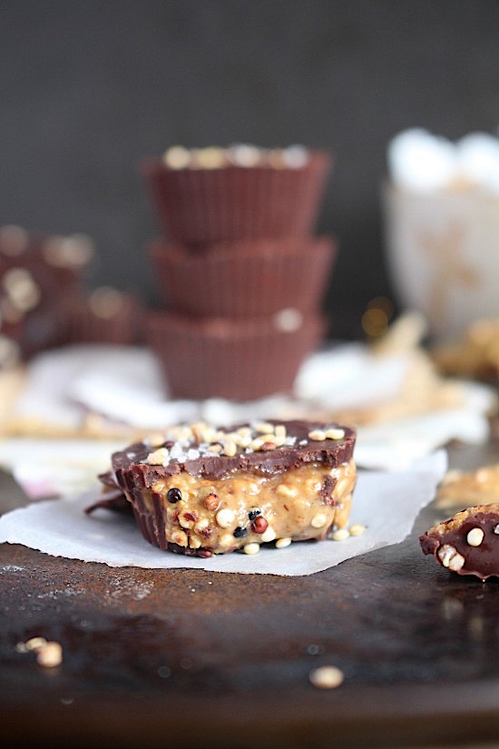 Salted Dark Chocolate Almond Butter Cups with Crispy Quinoa {Sugar Free, Gluten Free, Dairy Free, Vegan, Keto & Paleo Friendly} - www.betterwithcake.com