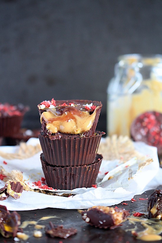 Healthy, DIY - 3 Ingredient, Dark Chocolate PB&J Cups {Refined Sugar Free, Gluten Free, Dairy Free, Vegan, Keto & Paleo Friendly} - www.betterwithcake.com