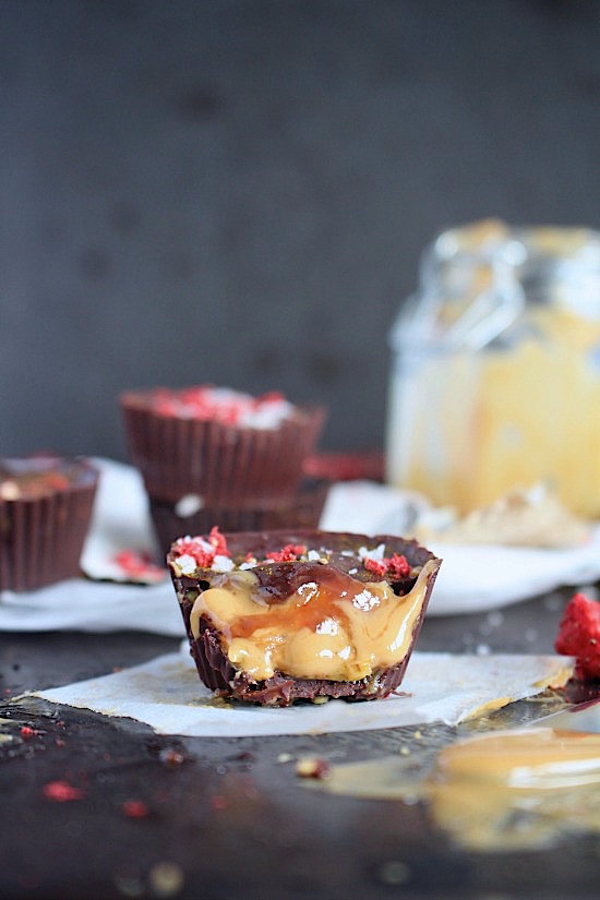 Healthy, DIY - 3 Ingredient, Dark Chocolate PB&J Cups {Refined Sugar Free, Gluten Free, Dairy Free, Vegan, Keto & Paleo Friendly} - www.betterwithcake.com