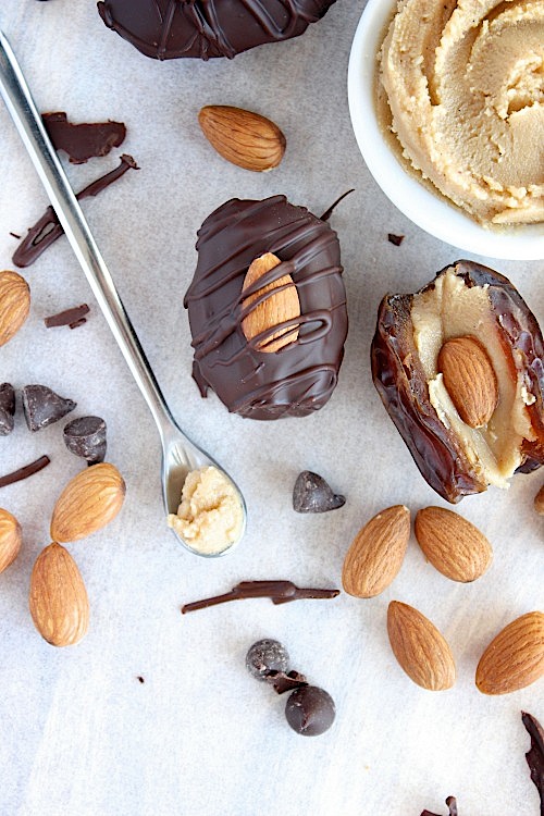 Dark Chocolate Coated Double Stuffed Dates {Gluten Free & Paleo Friendly} - www.betterwithcake.com