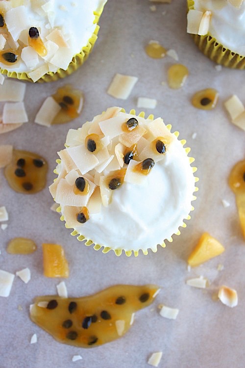 Mango and Passionfruit Muffins with Coconut Yogurt Frosting – {Gluten Free, Grain Free & Paleo Friendly}