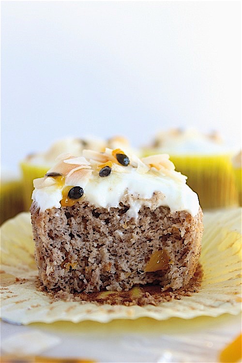 Mango and Passionfruit Muffins with Coconut Yogurt Frosting - {Gluten Free, Grain Free & Paleo Friendly} - www.betterwithcake.com