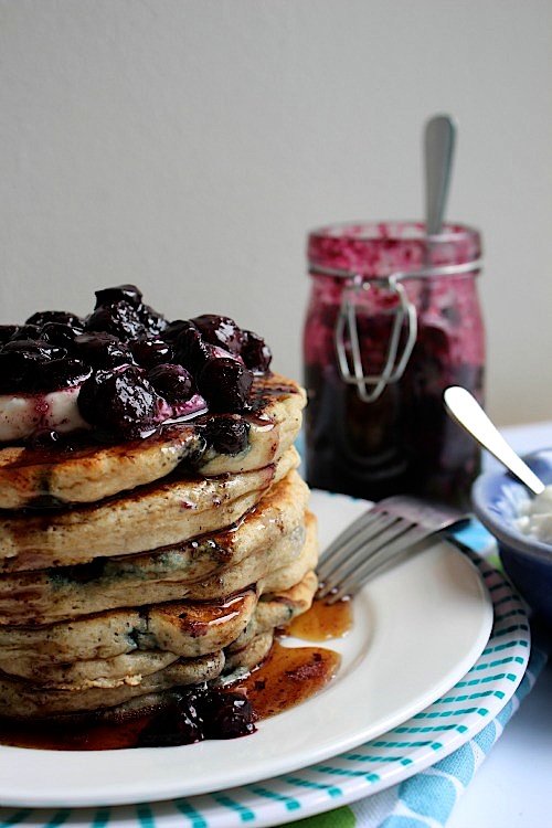 Roasted Blueberry, Vanilla and Greek Yoghurt Wholewheat Pancakes