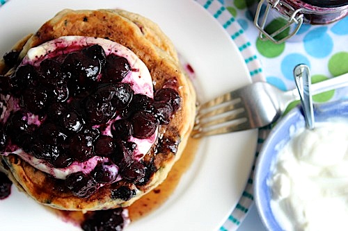 Roasted Blueberry, Vanilla and Greek Yoghurt Wholewheat Pancakes