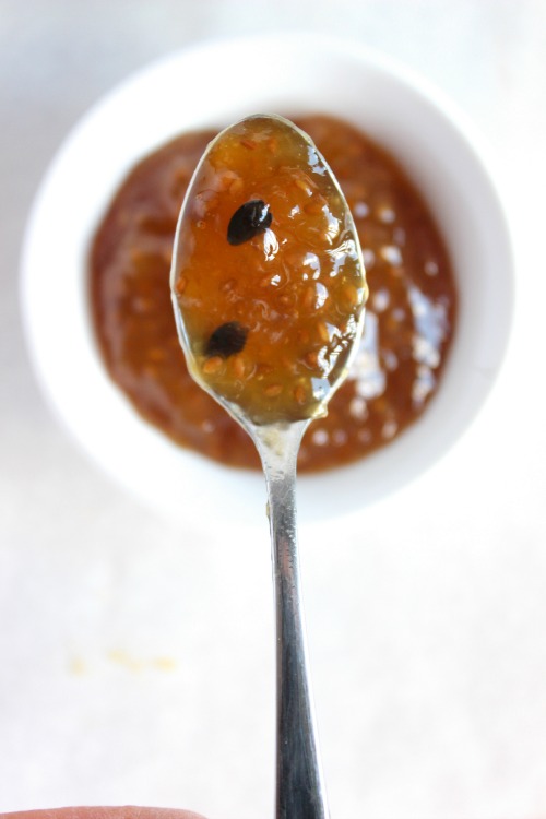 Mango, Passionfruit and Chia Jam Filled Banana Muffins {Low carb, Grain free & Paleo Friendly} - www.betterwithcake.com