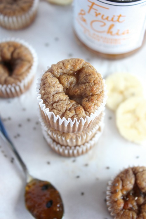 Mango, Passionfruit and Chia Jam Filled Banana Muffins {Low carb, Grain free & Paleo Friendly} - www.betterwithcake.com