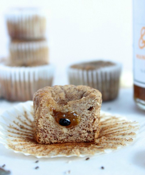 Mango, Passionfruit and Chia Jam Filled Banana Muffins {Low carb, Grain free & Paleo Friendly} - www.betterwithcake.com