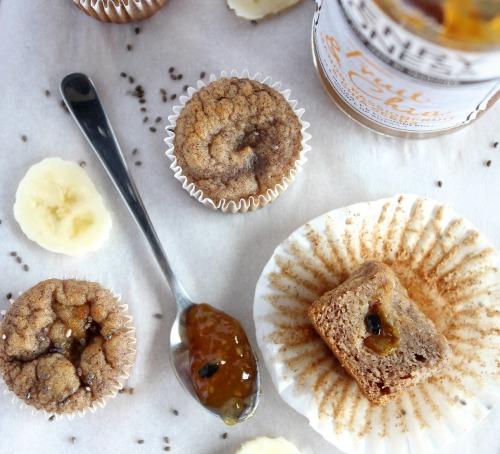 Mango, Passionfruit and Chia Jam Filled Banana Muffins {Low carb, Grain free & Paleo Friendly} - www.betterwithcake.com