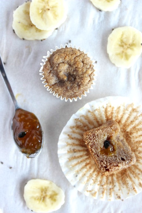 Mango, Passionfruit and Chia Jam Filled Banana Muffins {Low carb, Grain free & Paleo Friendly} - www.betterwithcake.com