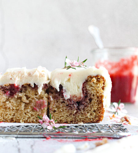 {Low Carb – Sugar Free} Swirled Strawberry Cream Sheet Cake