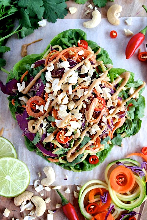 Raw, Rainbow Spicy Peanut Lettuce Wraps - Vegan & Dairy Free - www.betterwithcake.com